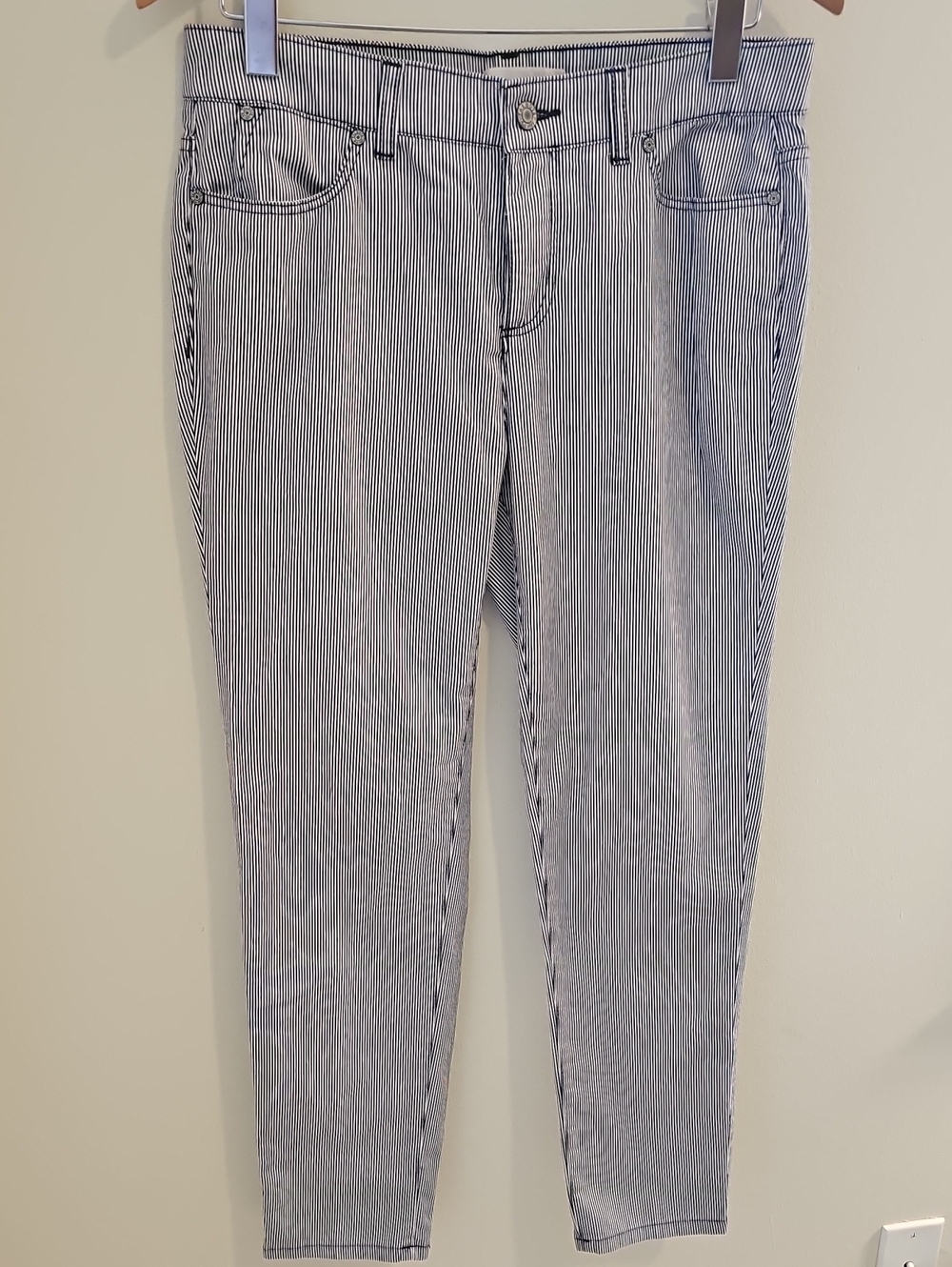 Talbots Railroad Stripe Slim Ankle Pants Womens Size 6 Navy Blue White Cotton